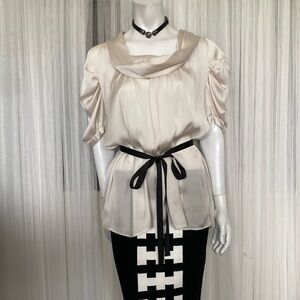 BCBGMaxAzria Ivory Satin Cowl Neck Blouse with Black Waist Tie